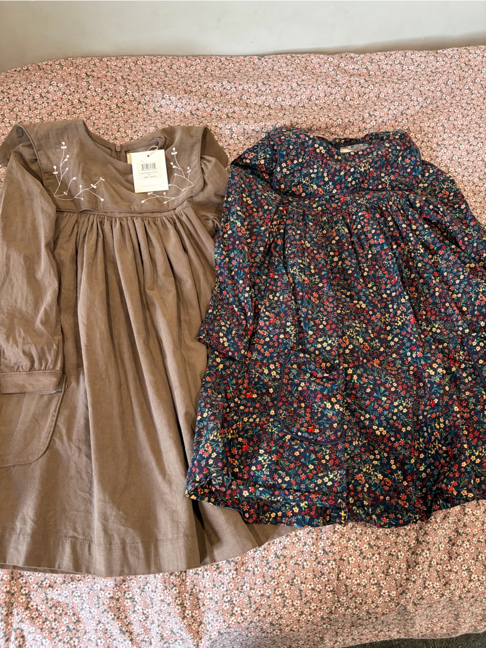 Frank & Eileen Girls Brown Embroidered Long-Sleeve Dress & Navy Floral Dress